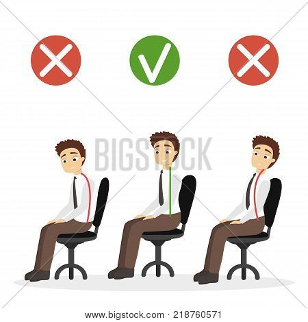 Good posture set. Man with bad and good spine sitting in office.
