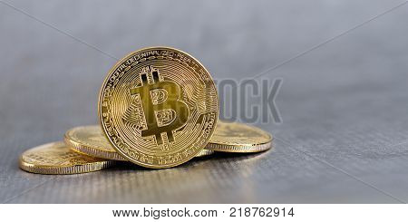 Bitcoin Btc Concept. Golden Bitcoin Coins As Symbol Of Electronic Virtual Money
