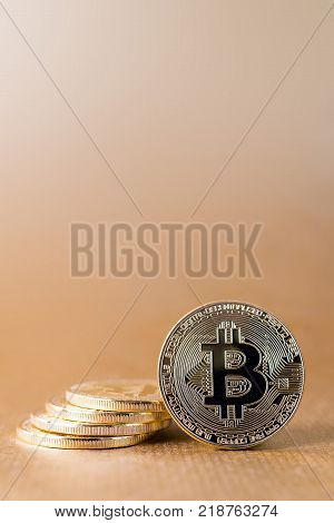 Bitcoin Btc Concept. Golden Bitcoin Coins As Symbol Of Electronic Virtual Money