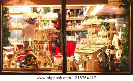 vintage toy store window shop christmas market background
