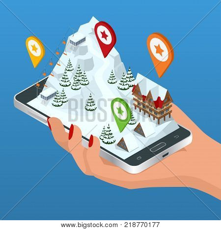 Online hotel booking. Ski resort, slope, people on the ski lift, skiers on the piste among white snow pine trees and hotel. Winter holiday web banner design. Vector isometric illustration