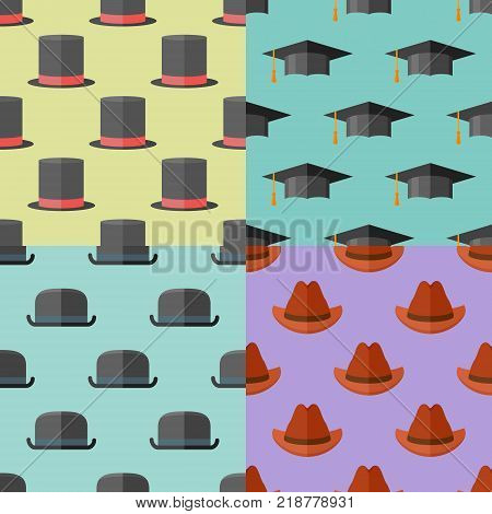 Set of seamless patterns with hats. Vector textures with top hat, bowler, graduation cap and cowboy hat.
