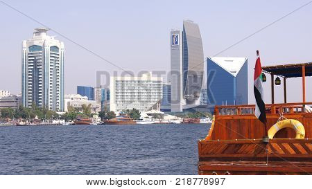 DUBAI, UNITED ARAB EMIRATES - MARCH 30th, 2014: old ferry cruise boats business on the Bay of Dubai Creek.