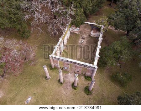 Aerial view of Old Sheldon Church ruin and surrounding forest in South Carolina, USA