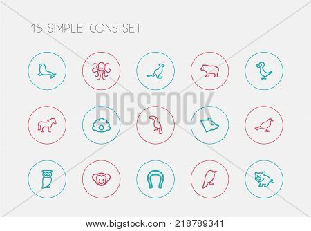 Set of 15 editable animal icons line style. Includes symbols such as philomel, polar, steed and more. Can be used for web, mobile, UI and infographic design.