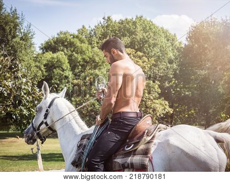 Handsome muscular man without shirt riding horse in natural bright sunlight.