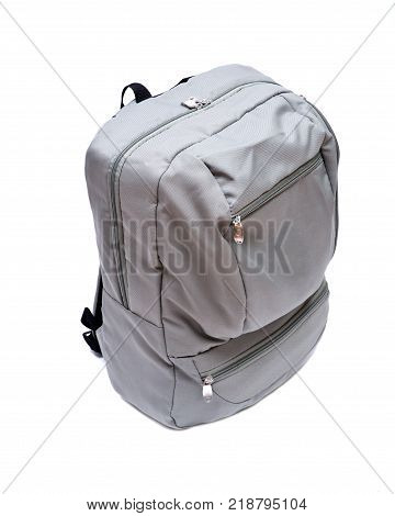 Grey water resistant nylon backpack isolated on white background