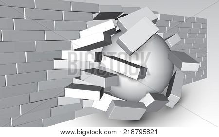 EPS10.Destruction of a Brick Wall. 3D Breaking Brick Wall. Wall Being Smashed or Breaking Apart. Destruction Abstract Background.