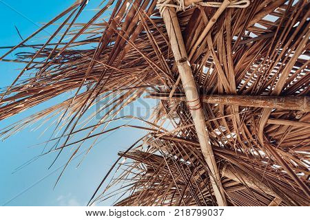 close up of hovel made of palm leaves on beach