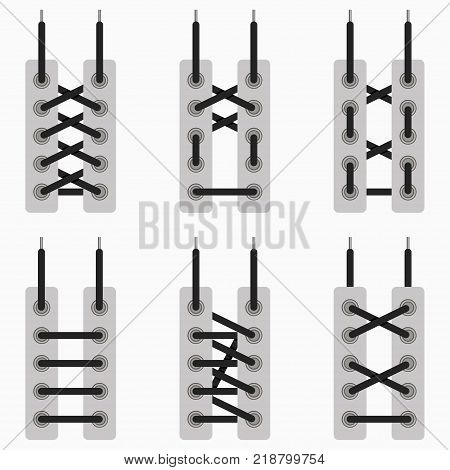 Lace of shoes. Set of schemes tying of shoelaces. Vector illustration.
