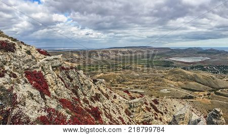 Beautiful landscape - View from above of the Koktebel Valley Mount Klementyev and the Crimean Steppe Crimea