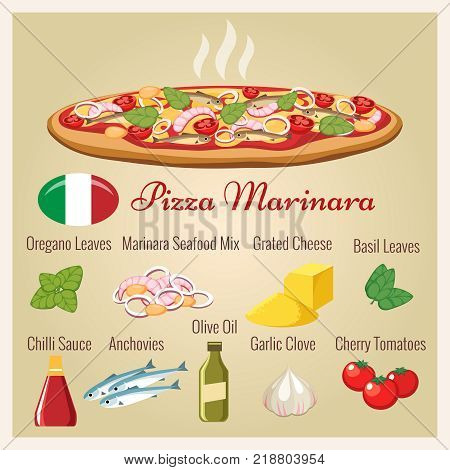 Seafood pizza. Pizza marinara vector illustration with cheese, fish and sea food