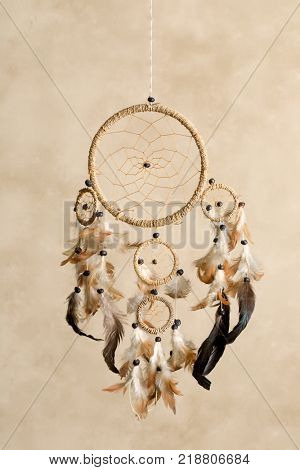 Native American dreamcatcher made of brown feathers
