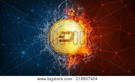 Golden ethereum coin in fire flame, water splashes and lightning. Ethereum blockchain hard fork concept. Cryptocurrency symbol in storm with peer to peer network polygon background.
