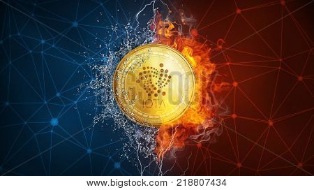 Golden ethereum coin in fire flame, water splashes and lightning. Ethereum blockchain hard fork concept. Cryptocurrency symbol in storm with peer to peer network polygon background.