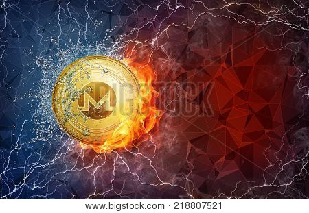 Golden ethereum coin in fire flame, water splashes and lightning. Ethereum blockchain hard fork concept. Cryptocurrency symbol in storm with peer to peer network polygon background.
