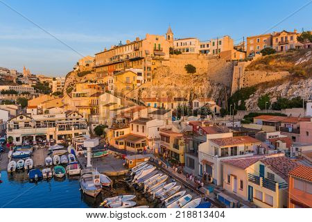Marseille, France - August 03, 2017: Fishing boats in harbor Vallon des Auffes.