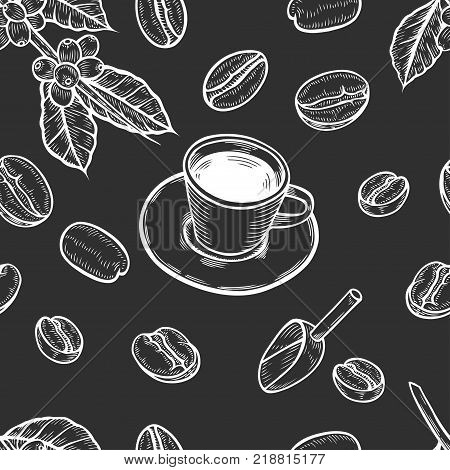 Seamless background Organic coffee shop leaf, bean vector hand drawn template packaging cosmetic, label, banner, poster, identity, branding. design with of coffee sketch. Food and drink organic shop