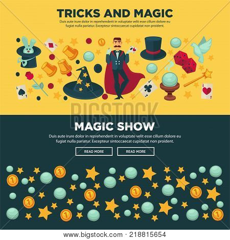 Tricks and magic show promotional Internet posters set with stars and balls, magician in scenic costume, equipment for show and trained animals isolated vector illustrations on colorful background.