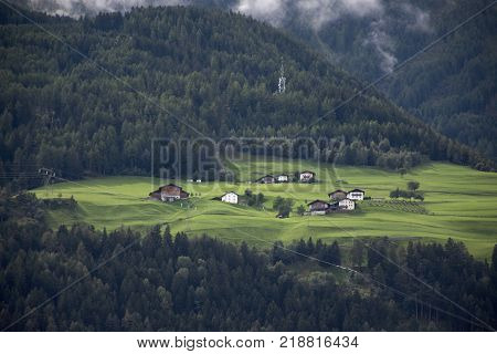 View landscape and cityscape of Niederthai village in morning time at Otztal Valley in Tirol Austria