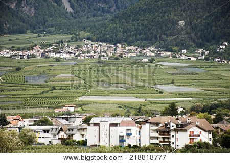 View landscape and cityscape of Algund village at Otztal Valley in Tirol Italy