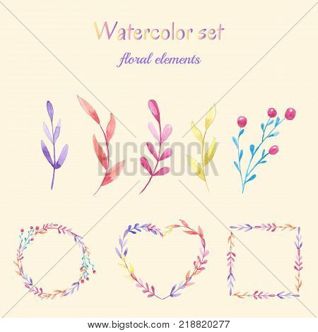 Vector floral set. Colorful floral collection with leaves, drawing watercolor. Spring or summer design for invitation, wedding or greeting cards
