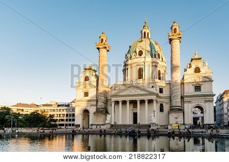 Vienna, Austria - August 15, 2017: Karlskirche or Church of St Charles is a baroque church located on the south side of Karlsplatz in Vienna