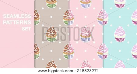 Seamless patterns. Set of colored seamless backgrounds with cupcakes for wallpapers and textile. Vector illustration.