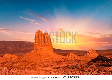 Trona Pinnacles are nerarly 500 tufa spires hiddeen in California Desert National Conservation Area, not far from the Death Valley National Park, California, USA. Sunset