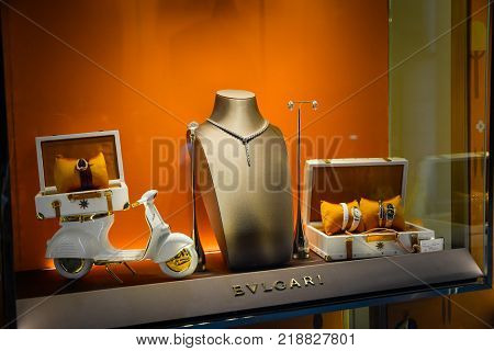 Milan, Italy - September 24, 2017:  Bulgari Store In Milan. Fashion Week Bvlgari Shopping