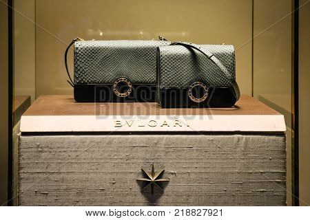 Milan, Italy - September 24, 2017:  Bulgari Store In Milan. Fashion Week Bvlgari Shopping