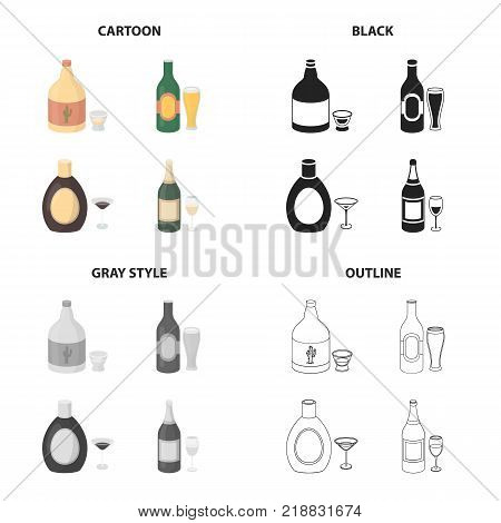 Strong tequila, beer, liquor, champagne, low alcohol. Alcohol set collection icons in cartoon black monochrome outline style vector symbol stock illustration .