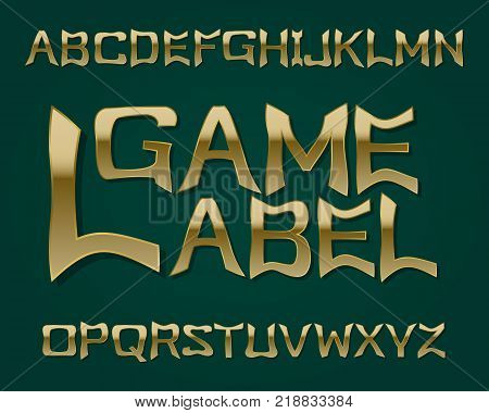 Game Label typeface. Golden font. Isolated english alphabet.