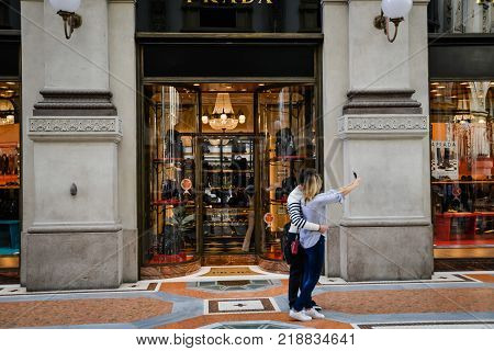 Milan Italy - September 24 2017: Prada store in Milan. Fashion week Prada shopping