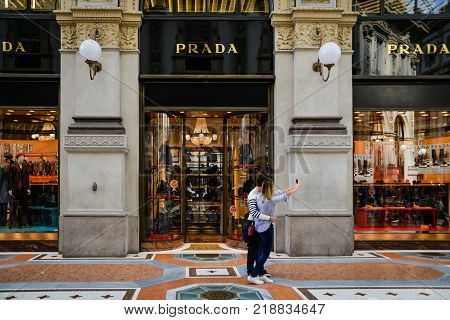 Milan Italy - September 24 2017: Prada store in Milan. Fashion week Prada shopping