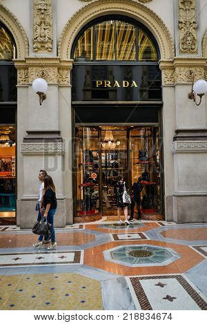 Milan Italy - September 24 2017: Prada store in Milan. Fashion week Prada shopping