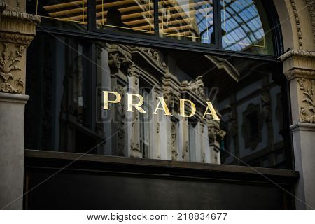Milan Italy - September 24 2017: Prada store in Milan. Fashion week Prada shopping