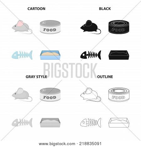 Mouse toy, pet food, fish bone, cat toilet. Cat set collection icons in cartoon black monochrome outline style vector symbol stock illustration .