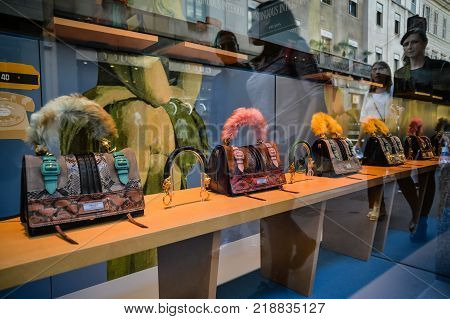 Milan Italy - September 24 2017: Prada store in Milan. Fashion week Prada shopping