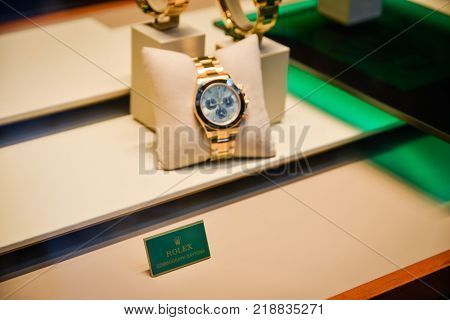 Milan Italy - September 24 2017: Rolex watches in a store in Milan. Fashion week Rolex shopping