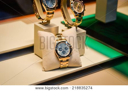 Milan Italy - September 24 2017: Rolex watches in a store in Milan. Fashion week Rolex shopping