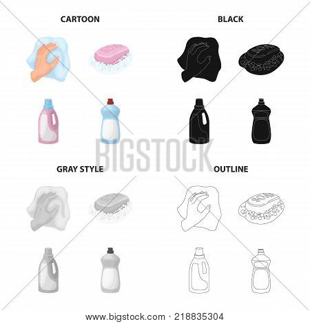 A hand with a cleaning cloth, soap and foam, a detergent, a bottle of whiteness. Cleaning set collection icons in cartoon black monochrome outline style vector symbol stock illustration .