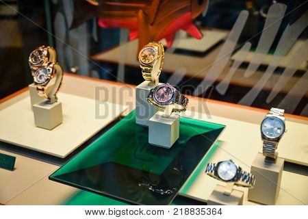 Milan Italy - September 24 2017: Rolex watches in a store in Milan. Fashion week Rolex shopping