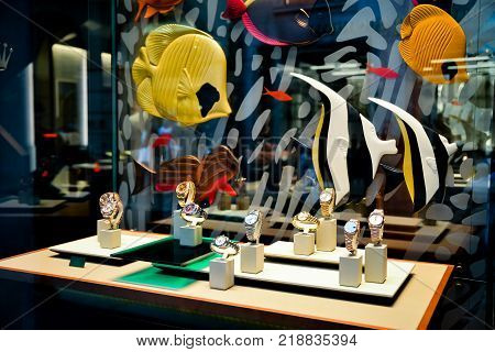 Milan Italy - September 24 2017: Rolex watches in a store in Milan. Fashion week Rolex shopping