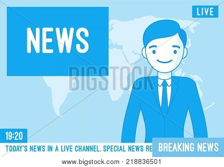 TV news anchorman. Young man, main news reader on a television program, media industry worker reports from a studio on screen current events and information. Vector line art illustration