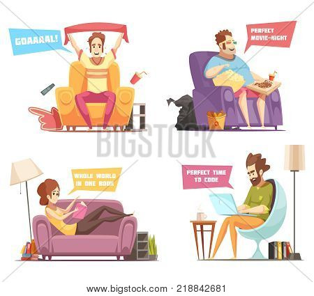 Sedentary persons retro cartoon icons with sport fan, work at laptop, reading, watching television isolated vector illustration