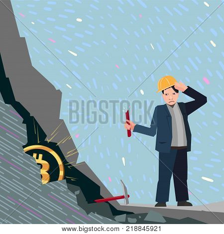 modern style business illustration, bitcoins and mining, man brokes a