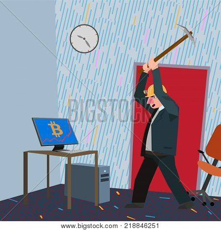 angry man wants to crash a computer with cryptocurrency sign on screen, bitcoins and mining