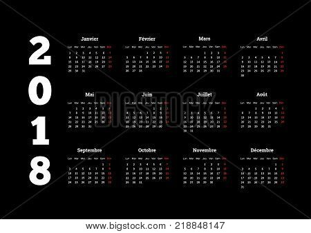 2018 year simple white calendar on french language on black background