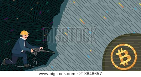 modern style business illustration, bitcoins and mining, man working hard